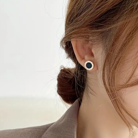 New 18K Rose Gold Plated Titanium Steel Roman Numeral Stud Earrings - Picture 2 of 5